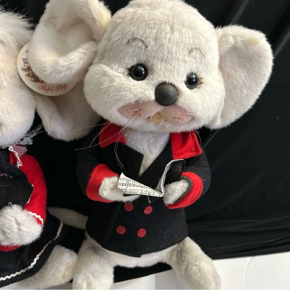 Plush White Mouse Pair in Red & Black Outfits - Soft Small Pet Plush Toys
